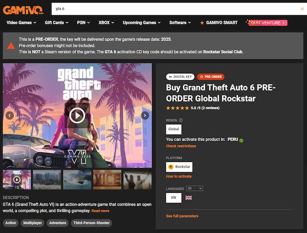 Oferta de GTA 6 en la plataforma de Gamivo (Captura de pantalla)