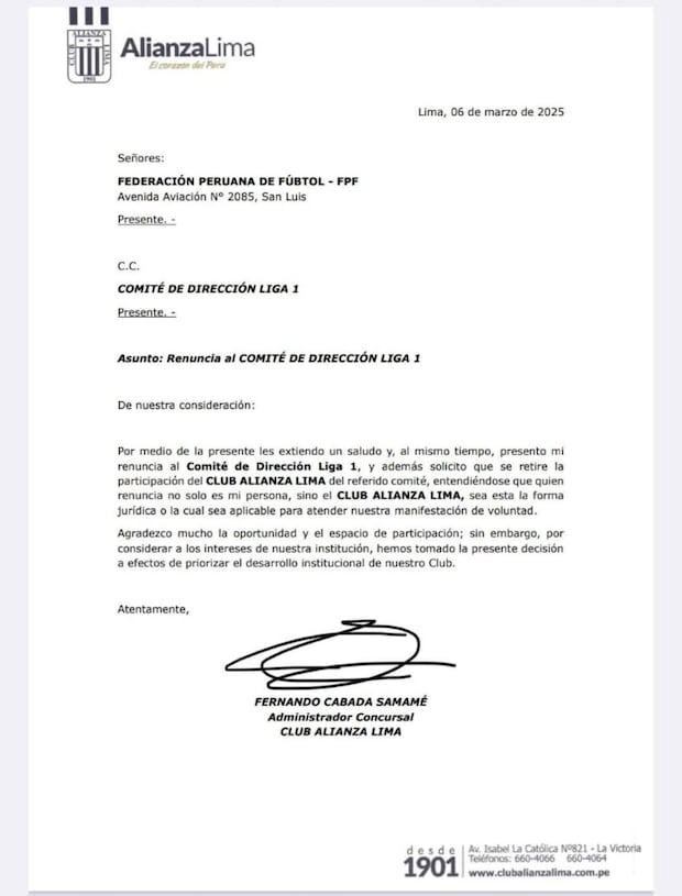 La carta de Alianza Lima a la FPF. (Imagen: Difusión)