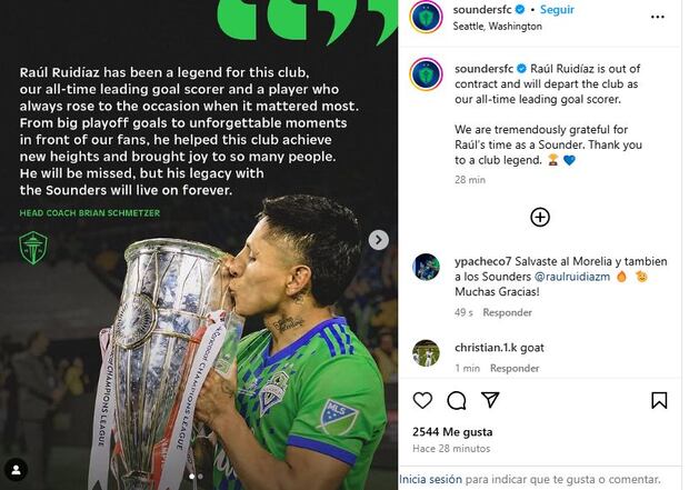 El mensaje de despedida de Seattle Sounders. (Instagram)