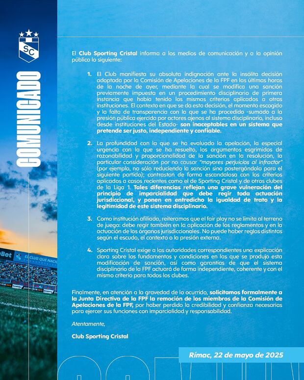 Comunicado de Sporting Cristal en sus redes sociales.