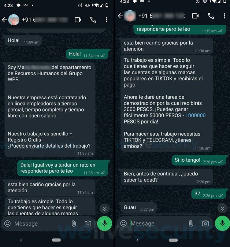 Conversaciones del engaño en WhatsApp (ESET)